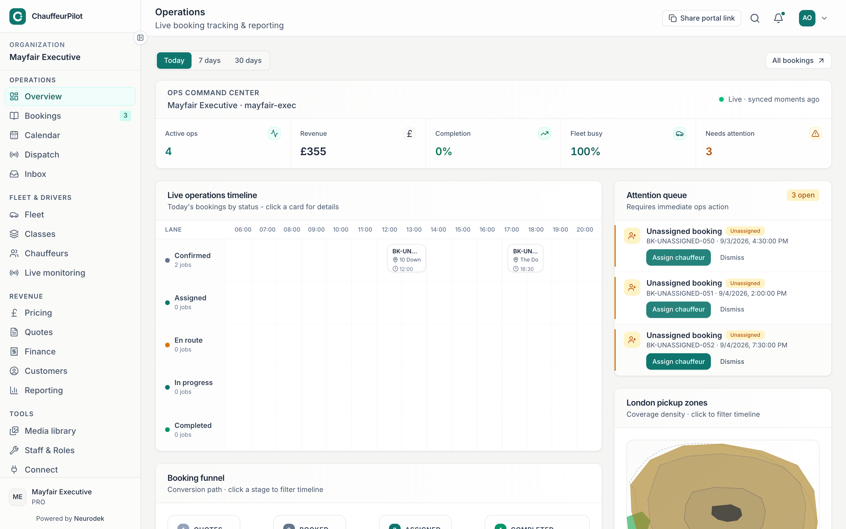 ChauffeurPilot ops command center with live bookings, fleet status, and dispatch queue