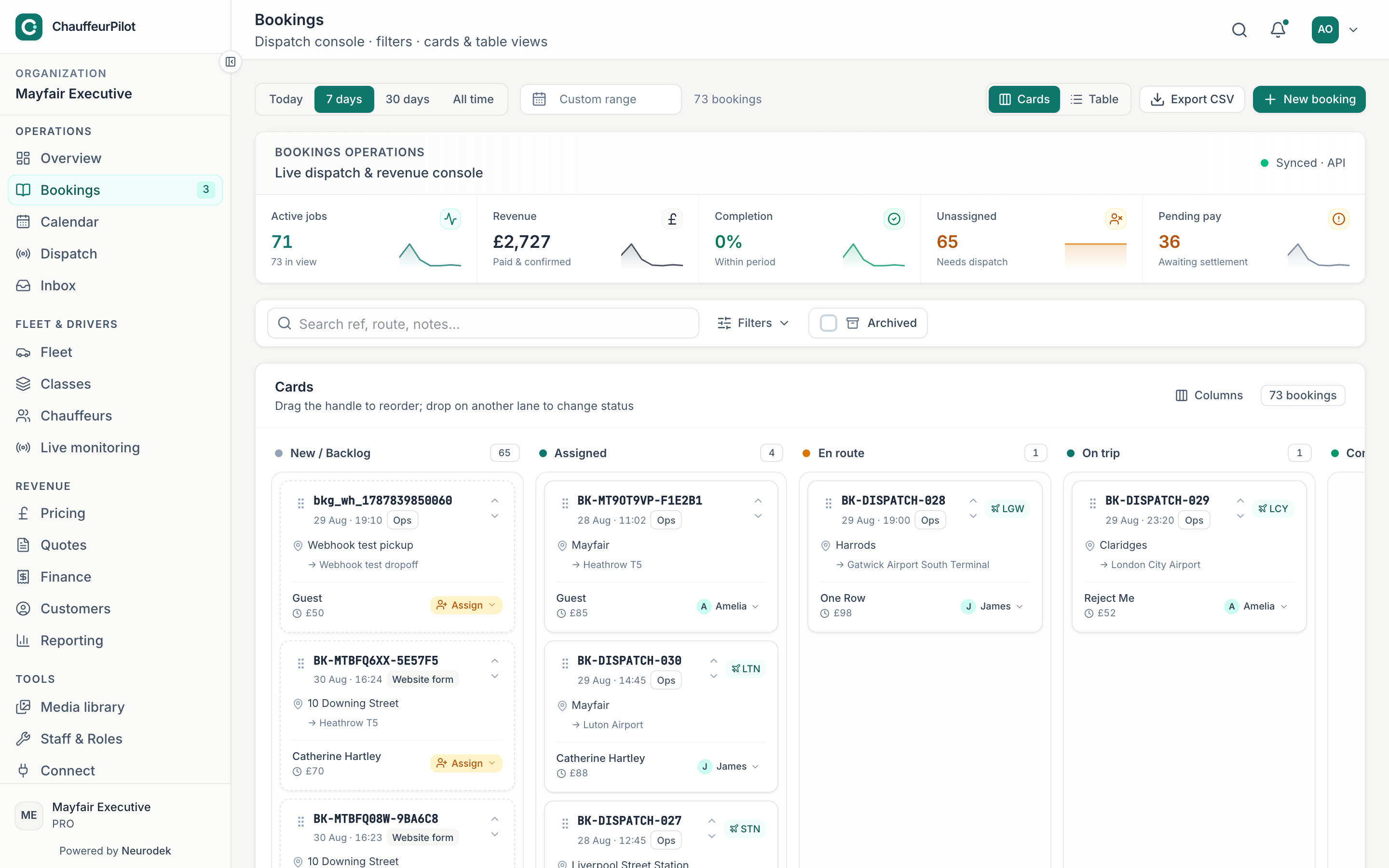 ChauffeurPilot bookings board with status columns